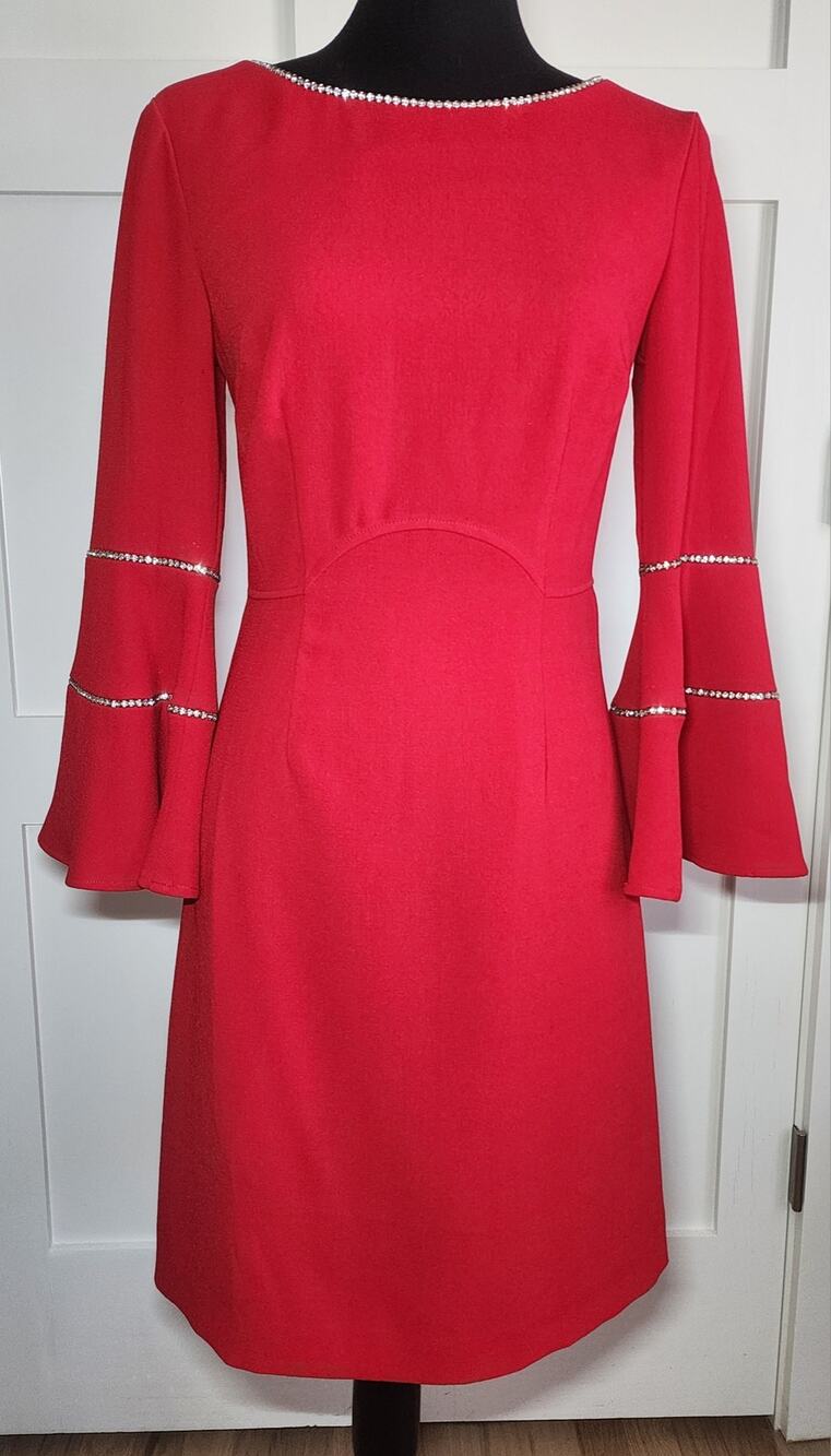 Trina Turk Socialite Ruby Red Embellished Bell Sleeves Dress Womens Size 2